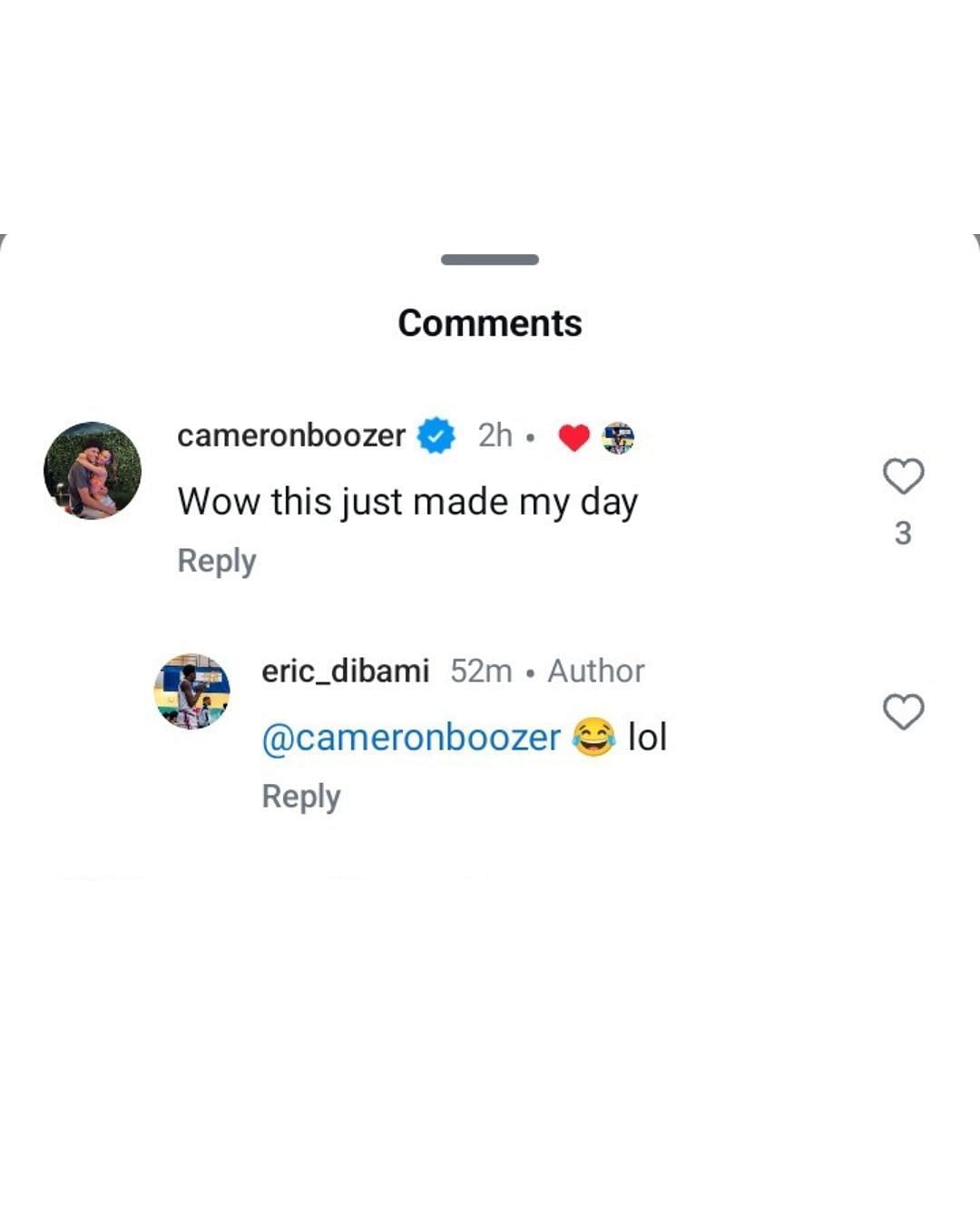 Cameron Boozer reacts to Eric Dibami's commitment announcement. (Image via Instagram @eric_dibami)